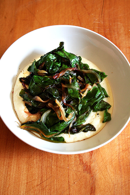 Swiss chard and onions over polenta 瑞士甜菜和洋葱玉米粥