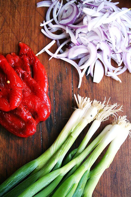 roasted red peppers, red onions, scallions