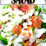 盘子上放着菊苣、葡萄柚和鳄梨沙拉，最后撒上帕尔马干酪屑。