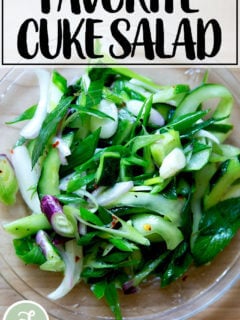 Cucumber salad in bowl.