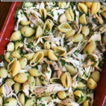 烤盘里装满面条、鸡肉、柠檬、白葡萄酒和欧芹。